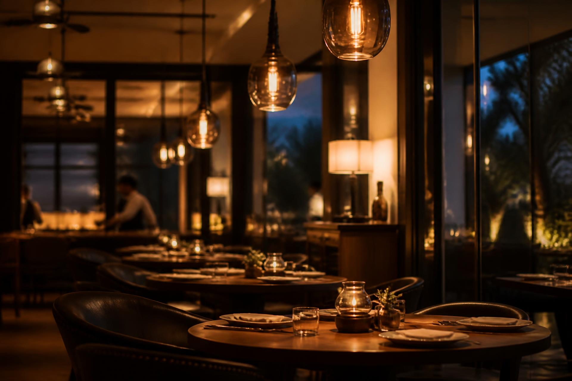 Warmly lit hotel restaurant dining room at dusk